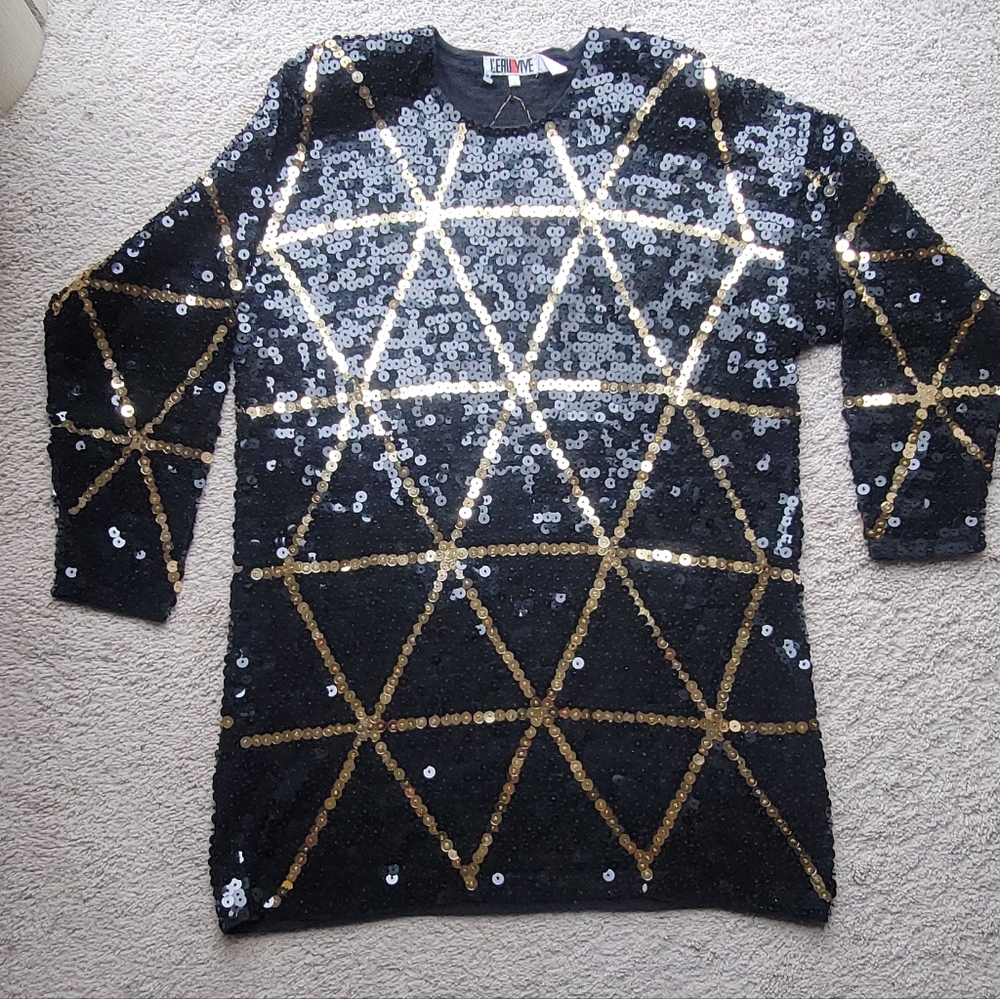 Vintage Black Sequin Tunic, Mini Dress 1980s Gold Disco Graphic Star Design Holi